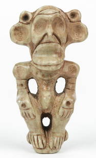 Fine Taino Marble Anthropic Cemi (1000-1500 CE): Fine Taino Marble Anthropic Cemi (1000-1500 CE). Skeletal body likely depicts fasting shaman. Hands on knees as if sitting in a duho (low bench-like seat). Provenance: Larry Roberts, author of Taino