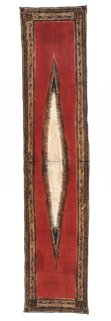Old Indonesian Tulis Batik Kemben or Breast Cloth: Old Indonesian Tulis Batik Kemben or Breast Cloth, red (ox-blood) with center lozenge and edges in soga brown and indigo. Size: 85'' x 18'' (216 x 46 cm).