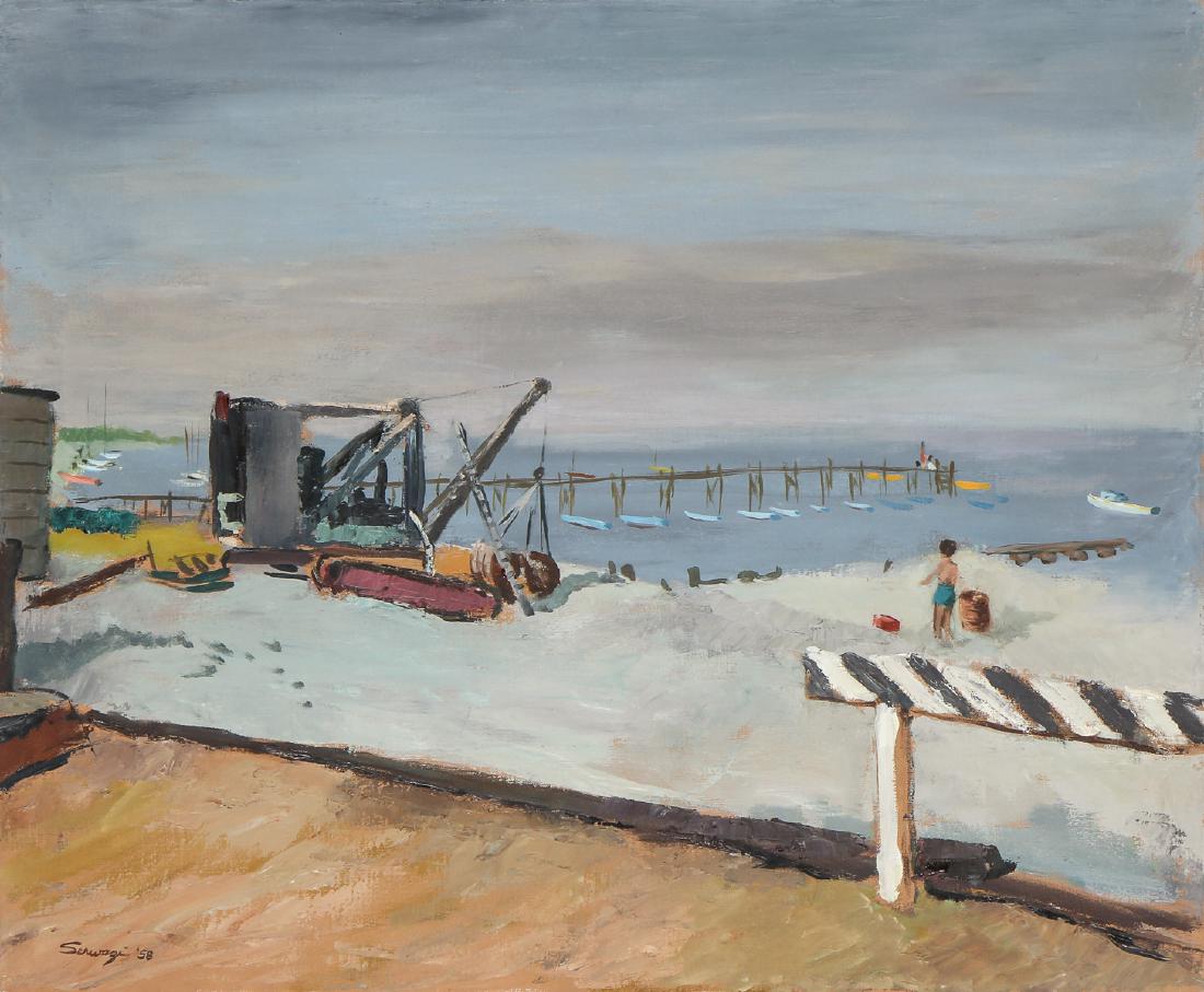 Albert B. Serwazi (American/Pennsylvania, 1905-1992): Albert B. Serwazi (American/Pennsylvania, 1905-1992) "Early Morning on the Bay", 1958, oil painting on canvas. Unframed. Size: 25'' x 30'', 64 x 76 cm (stretcher).