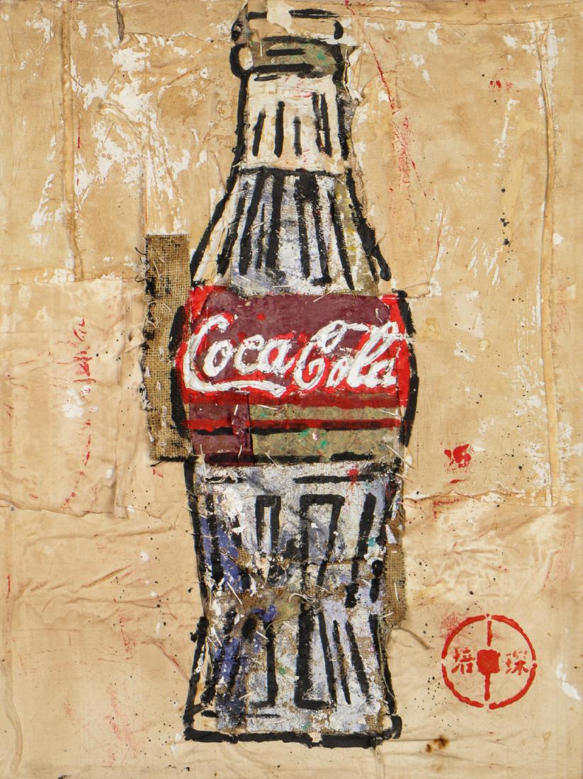 Pei Shen Qian (Chinese, 20th c.) Coca Cola Bottle: Pei Shen Qian (Chinese, 20th c.) Coca Cola Bottle, mixed media and collage, signed. Size: 40'' x 30'', 102 x 76 cm (stretcher). This is an original work by Pei Shen Qian, who is widely considered one