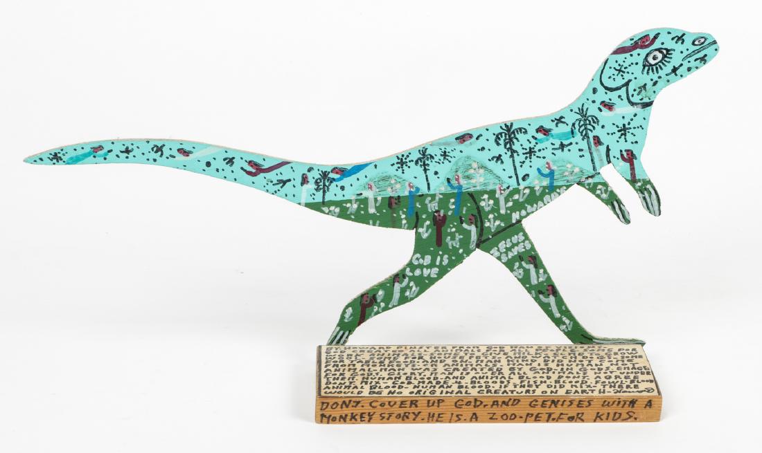 Howard Finster (1916-2001) Dinosaur Cutout #12,534: Howard Finster (American, 1916-2001) Dinosaur Cutout, 1989, mixed media on wood, signed, #12,534. Size: 9.5'' x 18.25'' x 3.5'' (24 x 46 x 9 cm). Provenance: Ricardo Viera Collection.