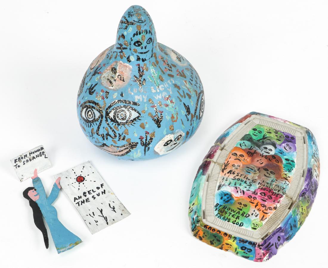 Howard Finster (1916-2001) 3 Works: Howard Finster (American, 1916-2001) 3 Works: 1) Painted Gourd, 1986, signed, #5668; 2) "Angel of the Sun", painted metal cutout, inscribed; 3) "Resting Souls", 1987, painted composite plaque, signed,