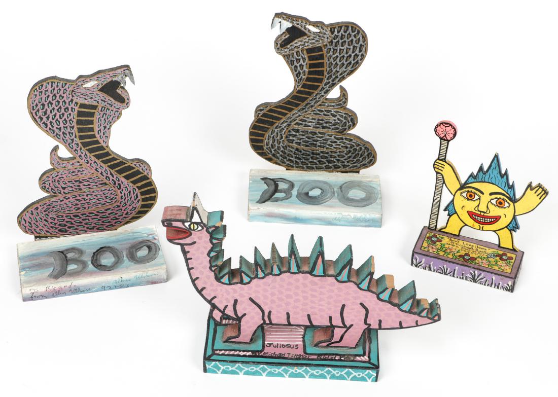 4 Finster Family Cutouts: 4 Finster Family Cutouts, each mixed-media on wood, signed: 2 by Kenneth Allen Wilson; 2 by Michael Finster. Largest Size: 8.5'' x 5.75'' x 3'' (22 x 15 x 8 cm). Provenance: Ricardo Viera Collection.