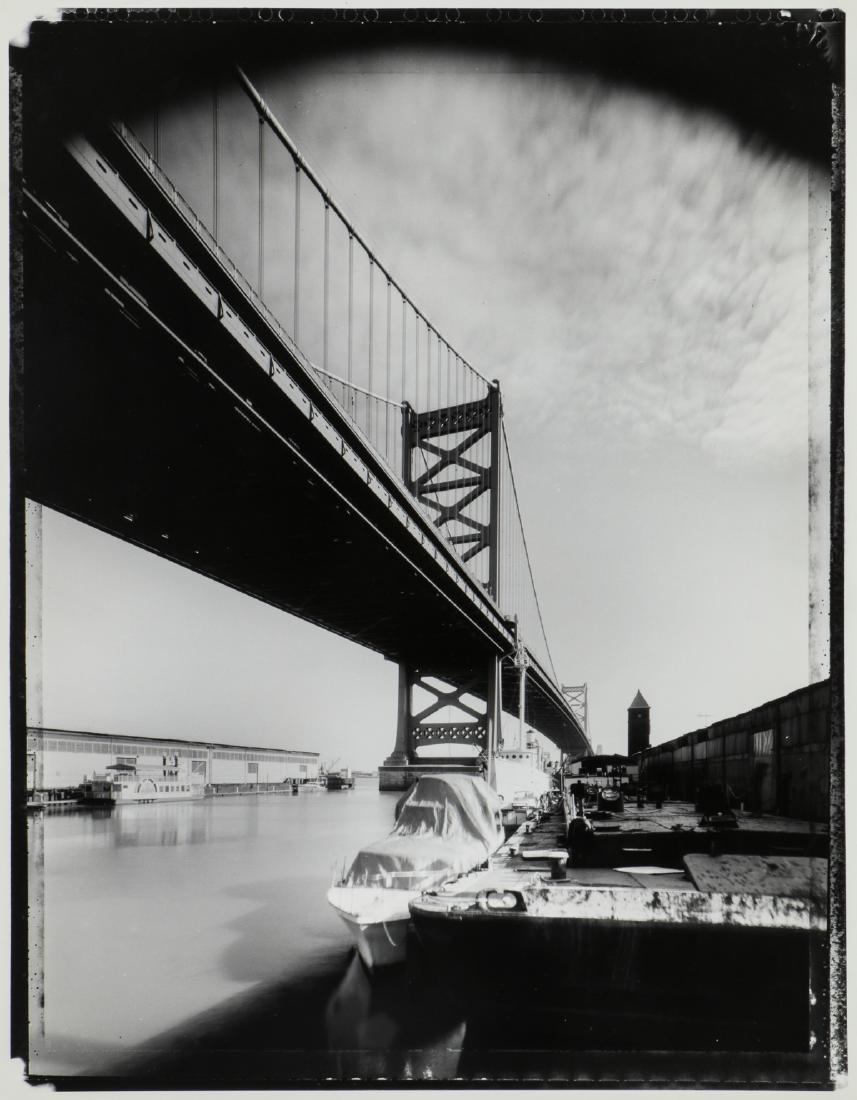 Richard Margolis (20th c.) "Ben Franklin Bridge": Richard Margolis (American, 20th c.) "Ben Franklin Bridge - Philadelphia", 1991, from Bridges - Symbols of Progress, gelatin silver photograph, titled, signed and dated on verso. Size: 13.5'' x 10.25'