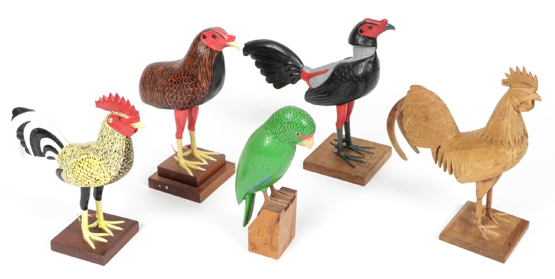 (3) Carved and Painted Wood Roosters (1) Parrot (1): (3) Carved and Painted Wood Roosters (1) Parrot (1) Unpainted Rooster. TALLER EL GALLO. De Emilio Rosado Mendez (Puerto Rico). Largest Size: 15.5'' x 6'' x 5.5'' (39 x 15 x 14 cm). Provenance: Ricardo