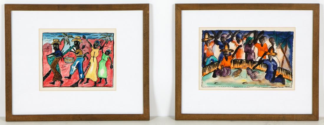2 Haitian (20th c.) Watercolor Paintings: 2 Haitian School (20th c.) Watercolor Paintings:1 signed Alex, 1 signed Andre. Each Framed. Largest Size: 9.5'' x 14.25'', 24 x 36 cm (sight); 17.5'' x 21.5'', 44 x 55 cm (frame). Provenance: Ricardo 