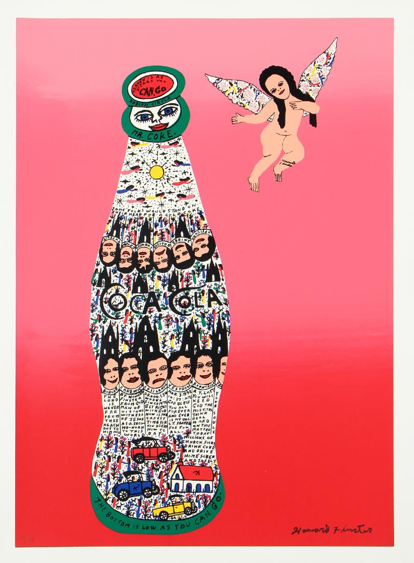 Howard Finster (1916-2001) Angel with Coca Cola Bottle: Howard Finster (American, 1916-2001) Angel with Coca Cola Bottle, screenprint from an edition of 125, stamped, signed and numbered. Unframed. Size: 28'' x 20'', 71 x 51 cm (image); 30'' x 22'', 76 x 5