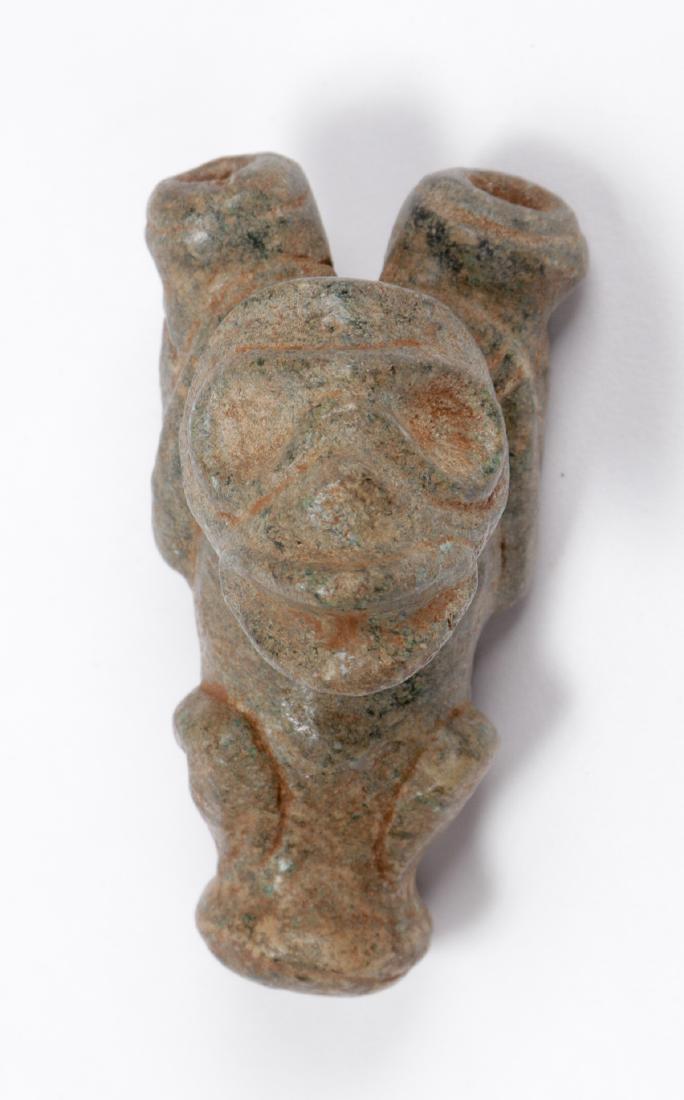 Taino Funk Figure Cohoba Snuffer (1000-1500 CE): Taino Funk Figure Cohoba Snuffer, Type 1. Pronounced frog like head and human like body indicated shamanic Transition with well sculpted expressive face. Arms extend from top snuffing ports and hands