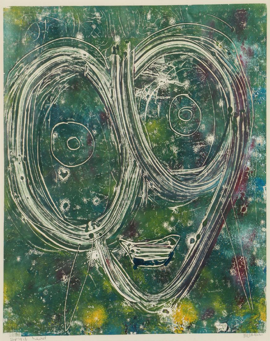Jacob Afolabi (Nigerian, b. 1940) "Spirit Head": Jacob Afolabi (Nigerian, b. 1940) "Spirit Head", color monoprint on paper, titled and signed. Framed. Size: 20.5'' x 16.25'', 52 x 41 cm (sight); 28'' x 23'', 71 x 58 cm (frame).