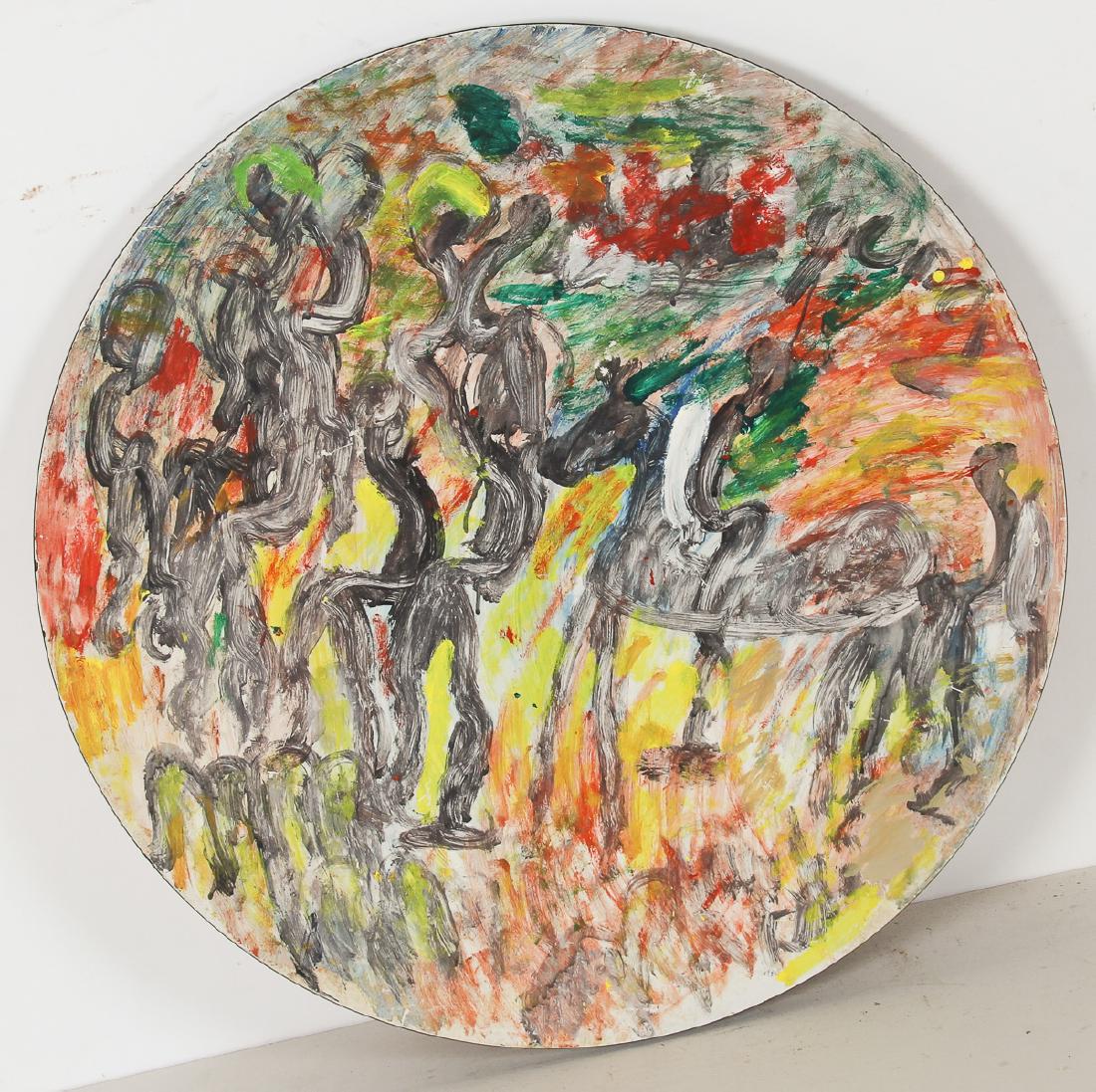 Purvis Young (American, 1943-2010) Painting on Table: Purvis Young (American, 1943-2010) Painting on Table Top, mixed media. Size: 36" x 36" (91 x 91 cm).