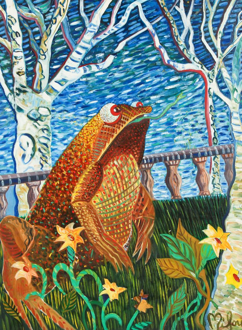 Perry Milou (20th c.) Frog Oil Painting: Perry Milou (American, 20th c.) Frog, oil painting on canvas, signed. Size: 48" x 37", 122 x 94 cm (stretcher).