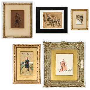 5 Antique European Works on Paper: 5 Antique European Works on Paper: 1) Paul Gavarni (French, 1804-1866) "Mendiant", ink & gouche painting on paper, signed. Framed. Size: 8.25'' x 11'', 21 x 28 cm (sight); 21.5'' x 17.75'', 55 x 45 cm