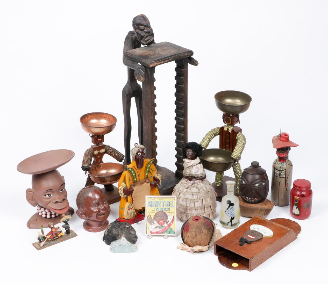 Estate Collection Black Americana: Collection Black Americana, including folk art coconut shell lady in bonnet string holder, folk art Americana knife rack, bottle cap figurals, hand carved spooky folk art cd/dvd storage rack, folk art