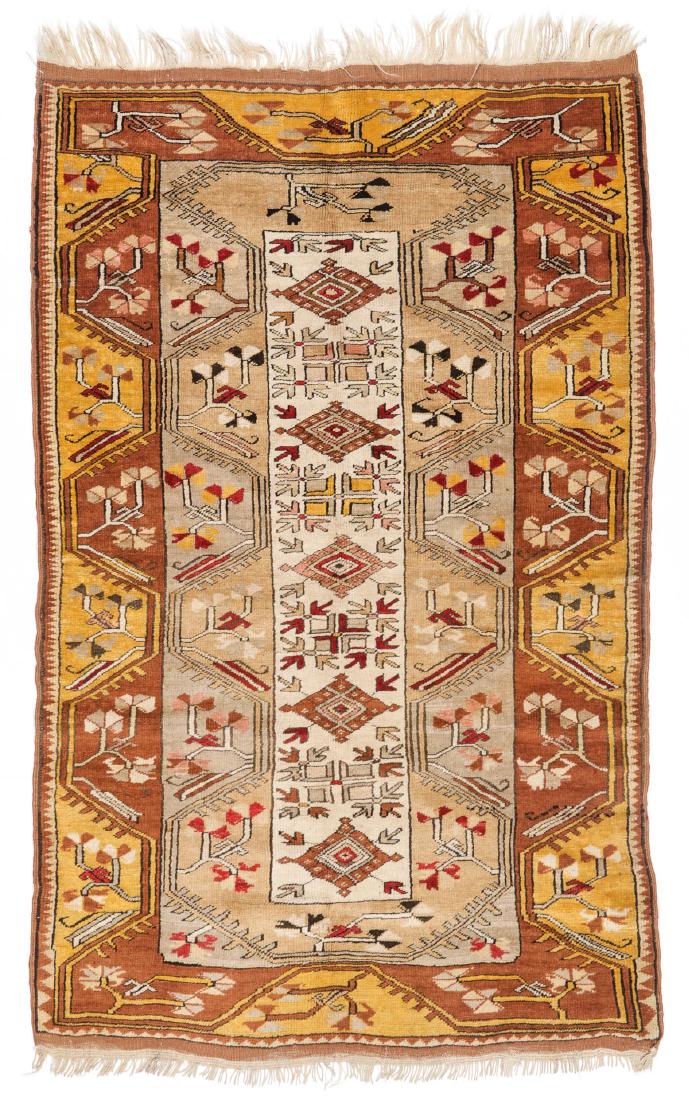 Vintage Milas Rug, Turkey: 3'10'' x 6'1'': Vintage Milas Rug, Turkey: 3'10'' x 6'1'' (117 x 185 cm). 11 lbs. Note on terms for estimating the age of an item: Antique (100+ years). Semi-Antique (50-100 years). Vintage (20-50 years). Modern (up 