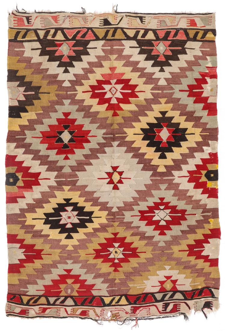 Semi-Antique Kilim, Turkey: 3'10'' x 5'8'': Semi-Antique Kilim, Turkey: 3'10'' x 5'8'' (117 x 173 cm). 5 lbs. Note on terms for estimating the age of an item: Antique (100+ years). Semi-Antique (50-100 years). Vintage (20-50 years). Modern (up 