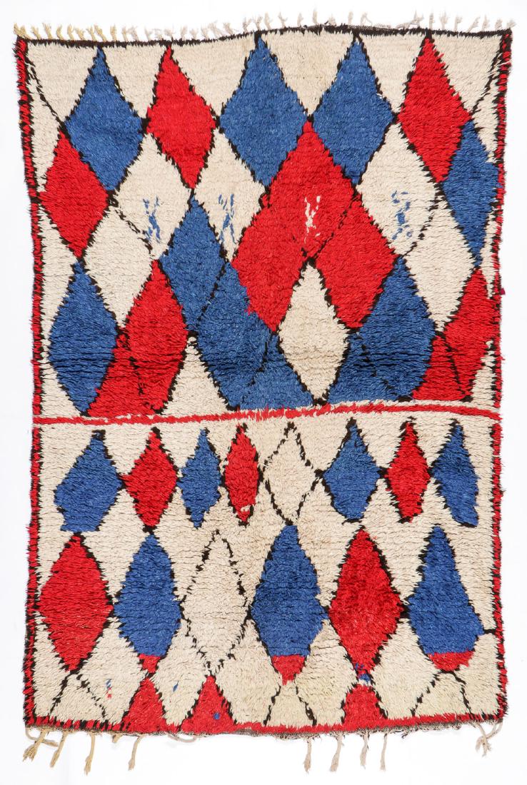 Vintage Wool Moroccan Pile Rug: 5'0'' x 7'5'': Vintage Wool Moroccan Pile Rug: 5'0'' x 7'5'' (152 x 226 cm). 14 lbs. Note on terms for estimating the age of an item: Antique (100+ years). Semi-Antique (50-100 years). Vintage (20-50 years). Modern 