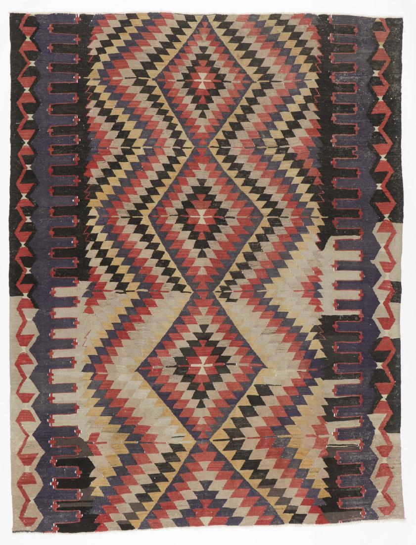 Semi-Antique Anatolian Kilim, Turkey: 6'4'' x 8'11'': Semi-Antique Anatolian Kilim, Turkey: 6'4'' x 8'11'' (193 x 272 cm). 16 lbs. Wool, mid 20th c. Note on terms for estimating the age of an item: Antique (100+ years). Semi-Antique (50-100 years). Vinta