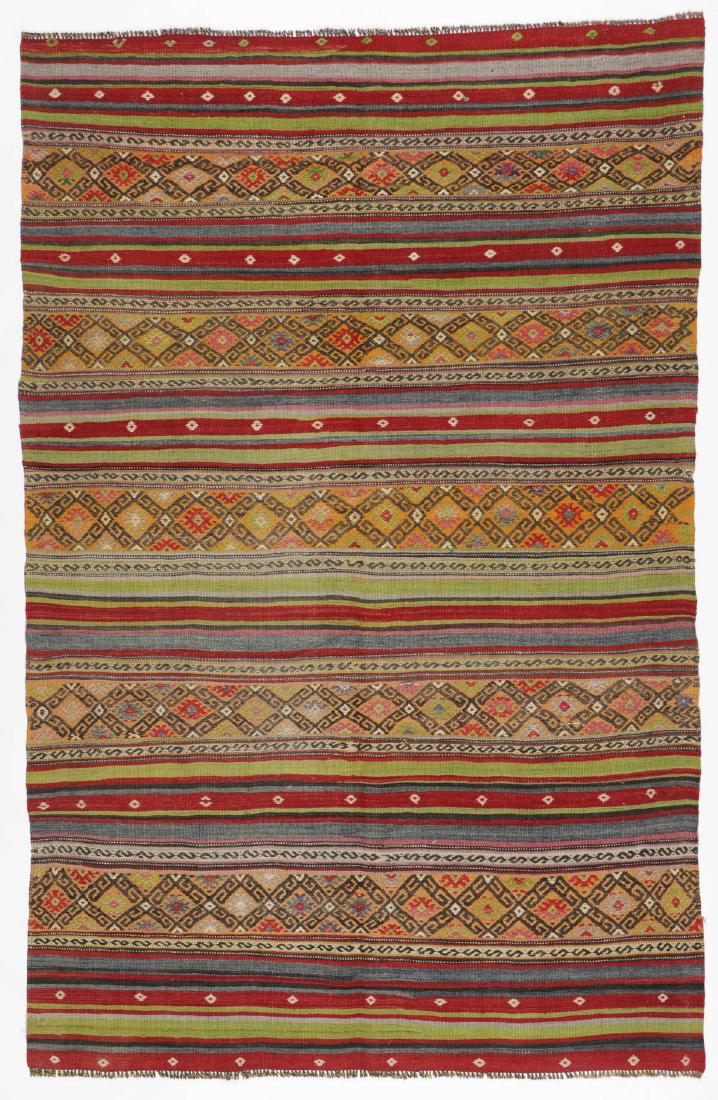 Semi-Antique Anatolian Kilim, Turkey: 5'3'' x 8'1'': Semi-Antique Anatolian Kilim, Turkey: 5'3'' x 8'1'' (160 x 246 cm). 14 lbs. Wool, mid 20th c. Note on terms for estimating the age of an item: Antique (100+ years). Semi-Antique (50-100 years). Vintag