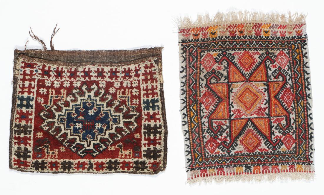2 Old Anatolian Bagfaces, Turkey: 2 Old Anatolian Bagfaces, Turkey. Largest Size: 1'4'' x 1'7'' (41 x 48 cm). Total weight: 2 lbs. Note on terms for estimating the age of an item: Antique (100+ years). Semi-Antique (50-100 years). Vin