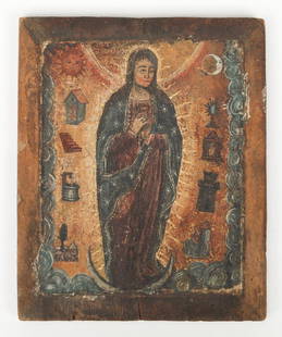 19th C. Retablo of Inmaculada Virgen, Cusco, Peru: 19th C. Retablo of Inmaculada Virgen, Cusco, Peru. Painting on tin. Size: 5.25'' x 4.25'', 13 x 11 cm (image); 6.5'' x 5.25'', 17 x 13 cm (board).