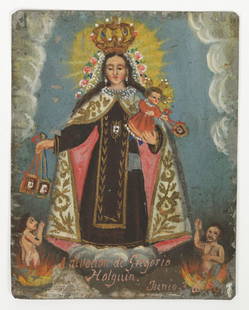 19th C. Virgin of Carmen Painting, Cusco, Peru: 19th C. Virgin of Carmen Painting, Cusco, Peru. Painting on tin. 5.25'' x 4'', 13 x 10 cm (object).