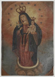 19th C. Painting of the Virgin & Baby Jesus, Cusco,: 19th C. Painting of the Virgin & Baby Jesus, Cusco, Peru. Painting on Tin. Size: 15.75'' x 11'', 40 x 28 cm.