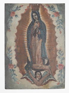 19th C. Virgin of Guadalupe Retablo, Mexico: 19th C. Virgin of Guadalupe Retablo, Mexico. Painting on tin. Size: 14'' x 10'', 36 x 25 cm.