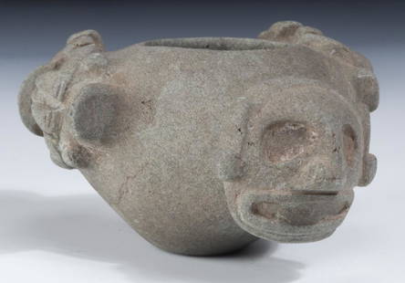 Taino Rare Andesite Cohoba Bowl (1000-1500 CE): Taino Rare Andesite Cohoba Bowl (1000-1500 CE) featuring Anthropic figures, 2 full figure anthropomorphs and an individual protruding head. Size: 2'' x 3.5'' x 5'' (5 x 9 x 13 cm). Provenance: Larry