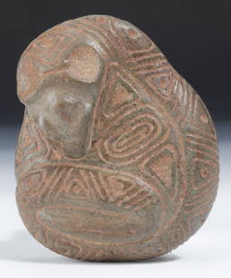 Taino Stone Bird Head Snake Effigy (1000-1500 CE): Taino Stone Bird Head Snake Effigy (1000-1500 CE). A common reference to Quetzalcoatl of Mayan mythology. Twin head bird symbol next to head. Size: 1.25'' x 4'' x 4.75'' (3 x 10 x 12 cm). Provenance: