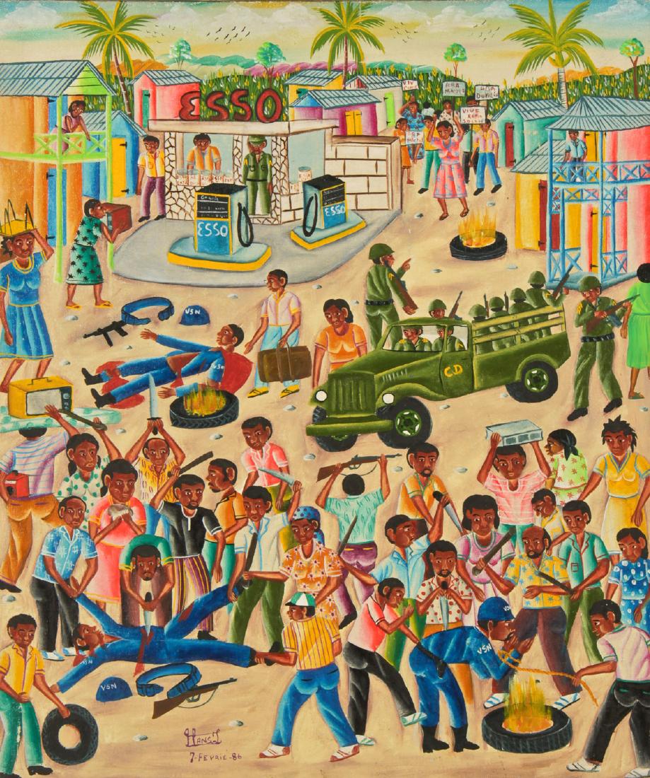 L. Hans (Haitian, 20th c.) "7-Fevrier-86 / Dechoukaj": L. Hans (Haitian, 20th c.) "7-Fevrier-86 / Dechoukaj", oil painting on canvas. Framed. Provenance: Ex. Jonathan Demme Collection. Purchased at Iron Market, Port-au-Prince, 1986. Exhibited/Illustrated 