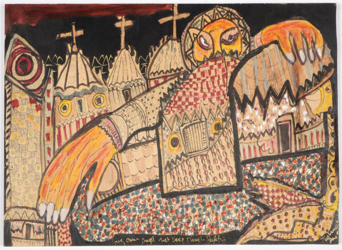 Prince Twins Seven Seven (Nigerian, 1944-2011) Painting: Prince Twins Seven Seven (Nigerian, 1944-2011), inscription at bottom; ink, pastel, and oil on wood, signed lower right. Size: 15.25'' x 21.25'', 39 x 54 cm (board).