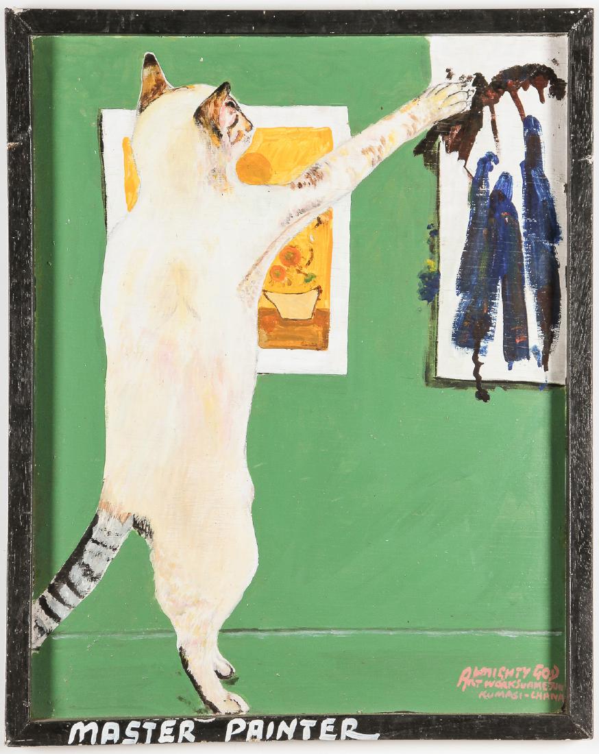 Kwame (Almighty God) Akoto (Ghanaian, b. 1950): Kwame (Almighty God) Akoto (Ghanaian, b. 1950). Size: 23.75" x 19" (60 x 48 cm). "MASTER PAINTER". Oil, mixed media on wood.