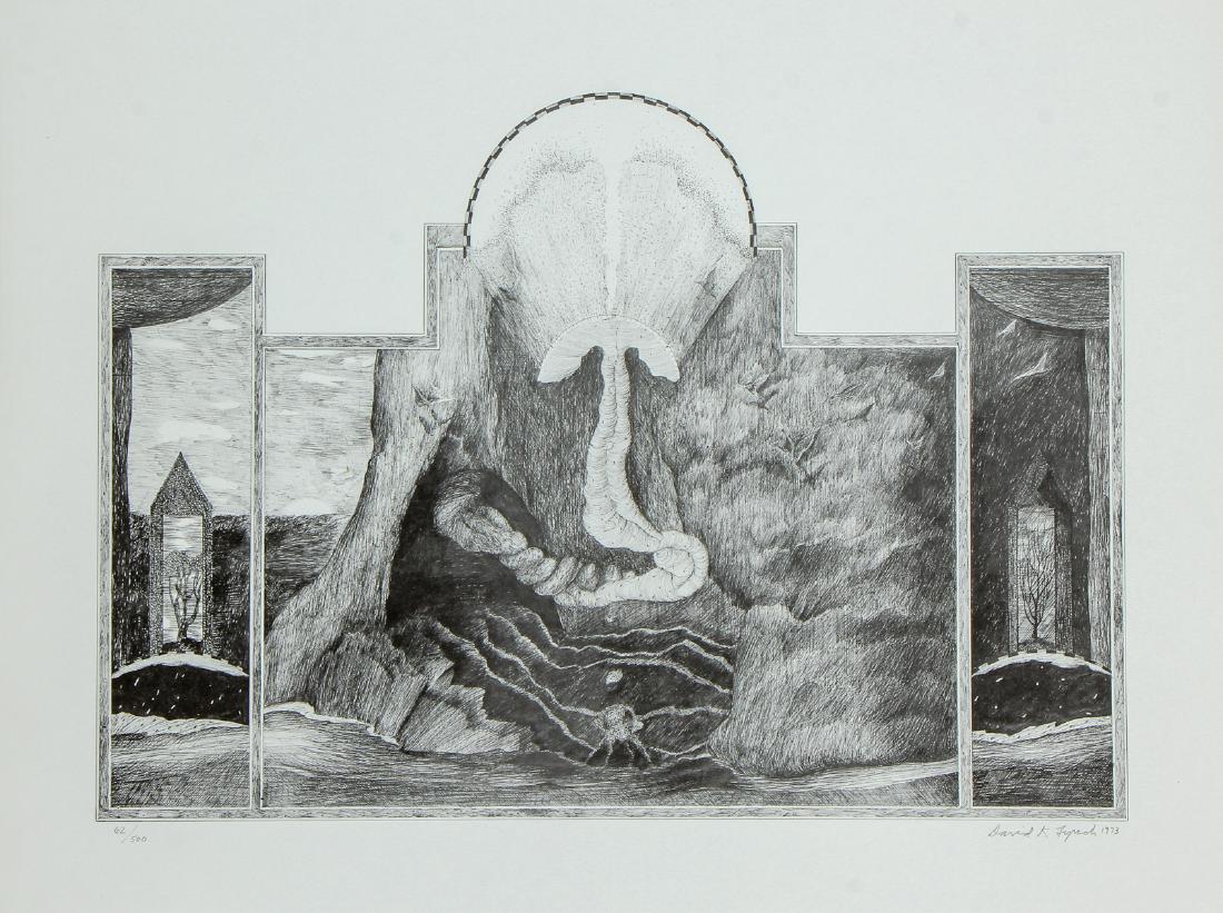 David Lynch (American, b. 1946) Lithograph, 1973: David Lynch (American, b. 1946) Untitled Offset Lithograph, 1973, numbered and signed, from an edition of 500. Unframed. Size: 19'' x 25'', 48 x 64 cm (sheet).