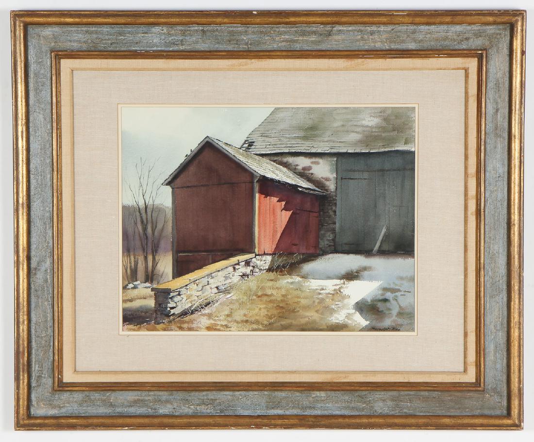 Ranulph Bye (1916-2003) Watercolor: Ranulph Bye (American, 1916-2003) Old Barn in Winter, watercolor painting on paper, signed. Framed. Size: 20.25'' x 26.5'', 51 x 67 cm (sight); 37.75'' x 46'', 96 x 117 cm (frame).