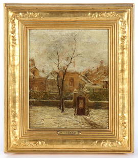 Stanislas Lepine (French, 1835-1892) Painting: Stanislas Lepine (French, 1835-1892) "Entrance to Lepine's Studio at Montmartre in Winter", oil painting on canvas, signed. Carved gilt wood frame. Provenance: Ex. Collection of Peter Alfred Gross (18