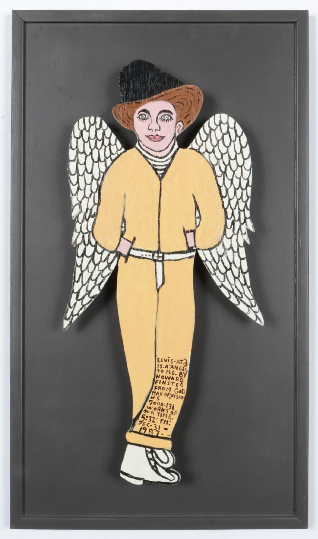 Howard Finster (1916-2001) "Elvis at 3 is an Angel to: Howard Finster (American, 1916-2001) "Elvis at 3 is an Angel to Me", 1987, paint on cutout board, signed, dated and numbered 7,131. Exhibition frame. Size: 24.25'' x 10.25'', 62 x 26 cm (board); 30.25