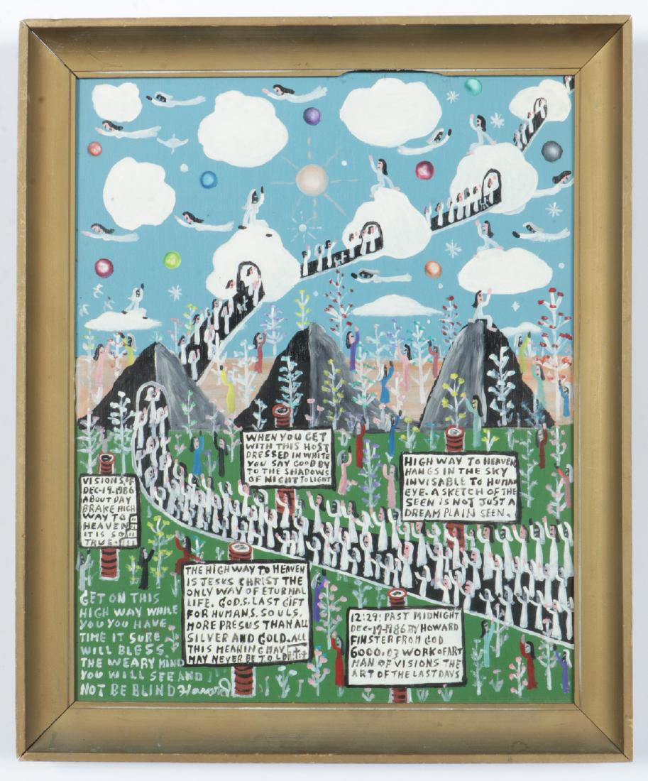 Howard Finster (1916-2001) "Highway to Heaven", #6,003: Howard Finster (American, 1916-2001) "Highway to Heaven", 1986, painting on board, signed, dated and numbered 6,003. Framed. Size: 20'' x 16'', 51 x 41 cm (board); 23'' x 19'', 58 x 48 cm (frame).