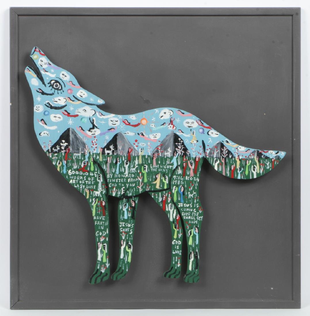 Howard Finster (American, 1916-2001) "Howling Wolf",: Howard Finster (American, 1916-2001) "Howling Wolf", 1986, painting on wood cutout, signed, dated and numbered 6,045. Exhibition frame. Size: 21.5'' x 23'', 55 x 58 cm (board); 27.5'' x 26.5'', 70 x 6
