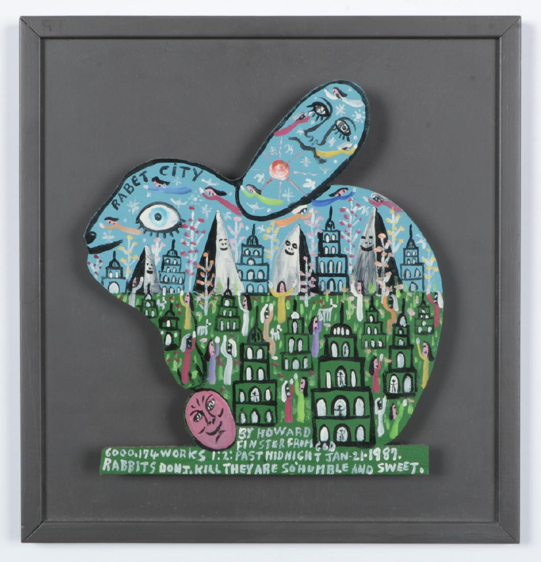 Howard Finster (1916-2001) "Rabet City", 1987: Howard Finster (American, 1916-2001) "Rabet City", 1987, paint on cutout board, signed, dated and numbered 6,174. Exhibition frame. Size: 12.5'' x 10.5'', 32 x 27 cm (board); 17'' x 16.25'', 43 x 41 c