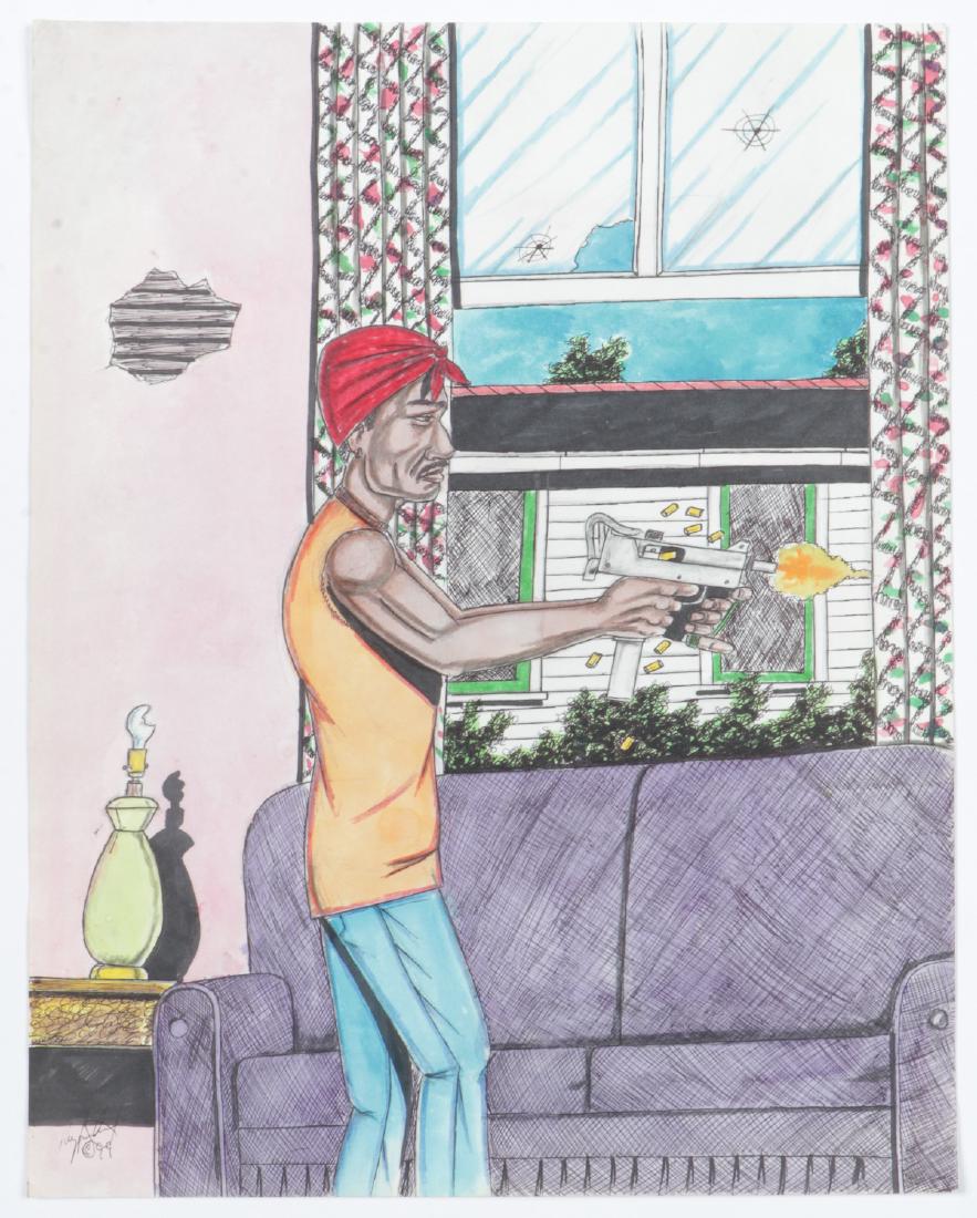 Roy Ferdinand (1959-2004) Mixed media on paper: Roy Ferdinand Jr. (American, 1959-2004) Home Invasion, Mixed media on paper, 1999, signed and dated. Unframed. Size: 28'' x 22'', 71 x 56 cm (sheet).