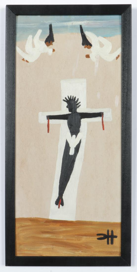 Clementine Hunter (1886-1988) "Crucifixion": Clementine Hunter (American/Louisiana, 1886-1988) Crucifixion, painting on board, signed. Framed. Size: 23.5'' x 10.25'', 60 x 26 cm (sight); 25.5'' x 12.25'', 65 x 31 cm (frame). Provenance: Ex. Coll