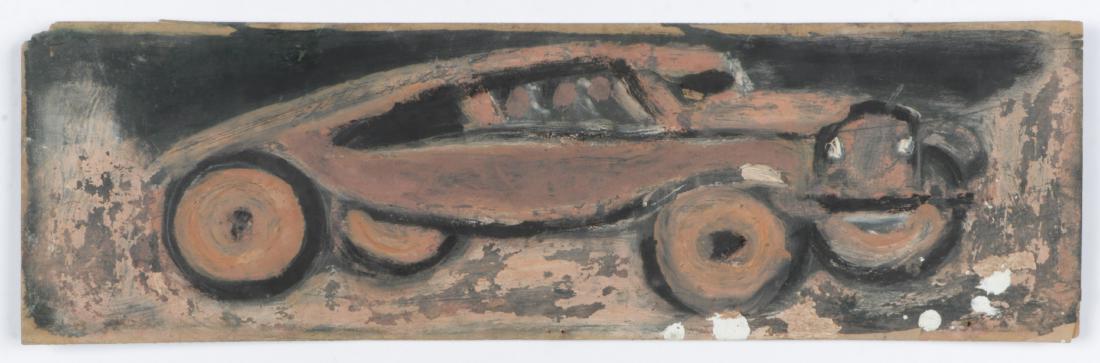 Jimmy Lee Sudduth (1910-2007) Painting: Jimmy Lee Sudduth (American, 1910-2007) Fast Car. Mixed Media painting on wood, signed. Unframed. Size: 7'' x 23'', 18 x 58 cm (board).