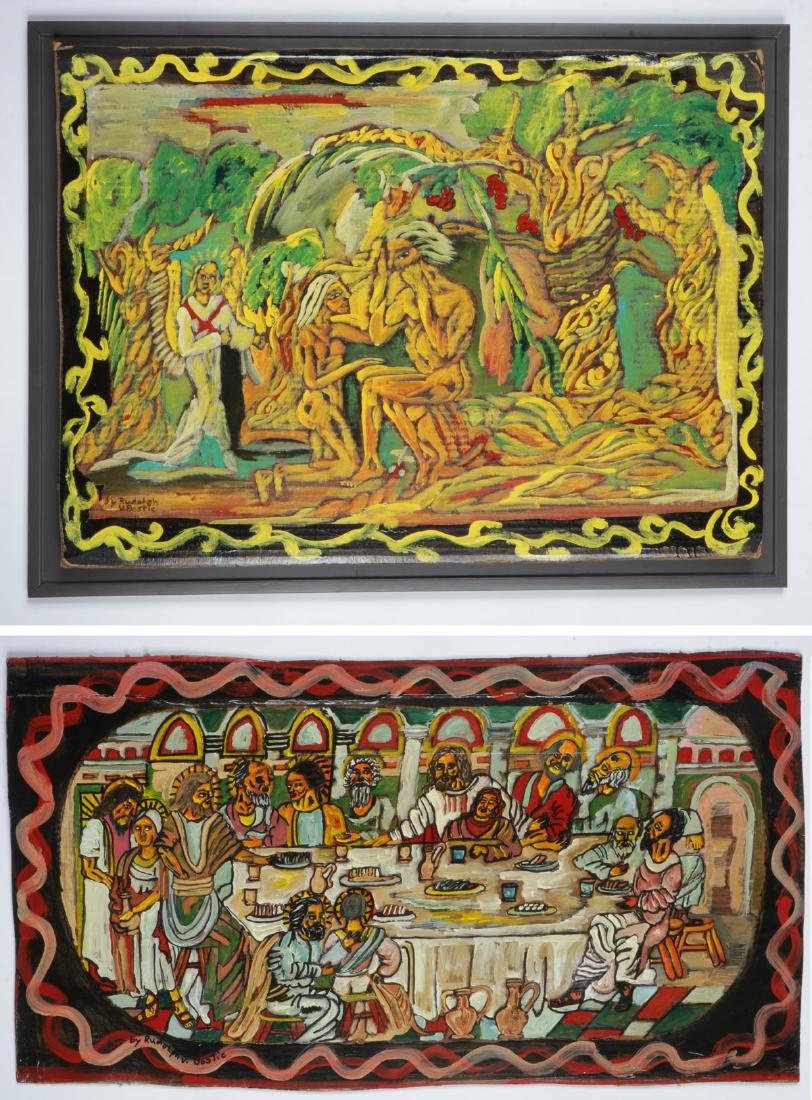 Rudolph Bostic (American, b. 1944) 2 Paintings: Rudolph Bostic (American, b. 1944) 2 Paintings: 1) Adam and Eve, painting on cardboard, signed. Exhibition frame. Size: 26'' x 36'', 66 x 91 cm (board); 29.5'' x 39.75'', 75 x 101 cm (frame); 2) Last 