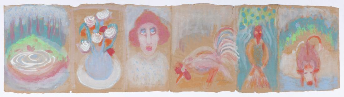 Sybil Gibson (1908-1995) Painting, 1986, 22.75'' x 84'': Sybil Gibson (American, 1908-1995) Suite of 6 Paintings in connected format. 6 Mixed Media Paintings on paper, 1986, signed. Unframed. Size: 22.75'' x 84'', 58 x 213 cm (sheet).