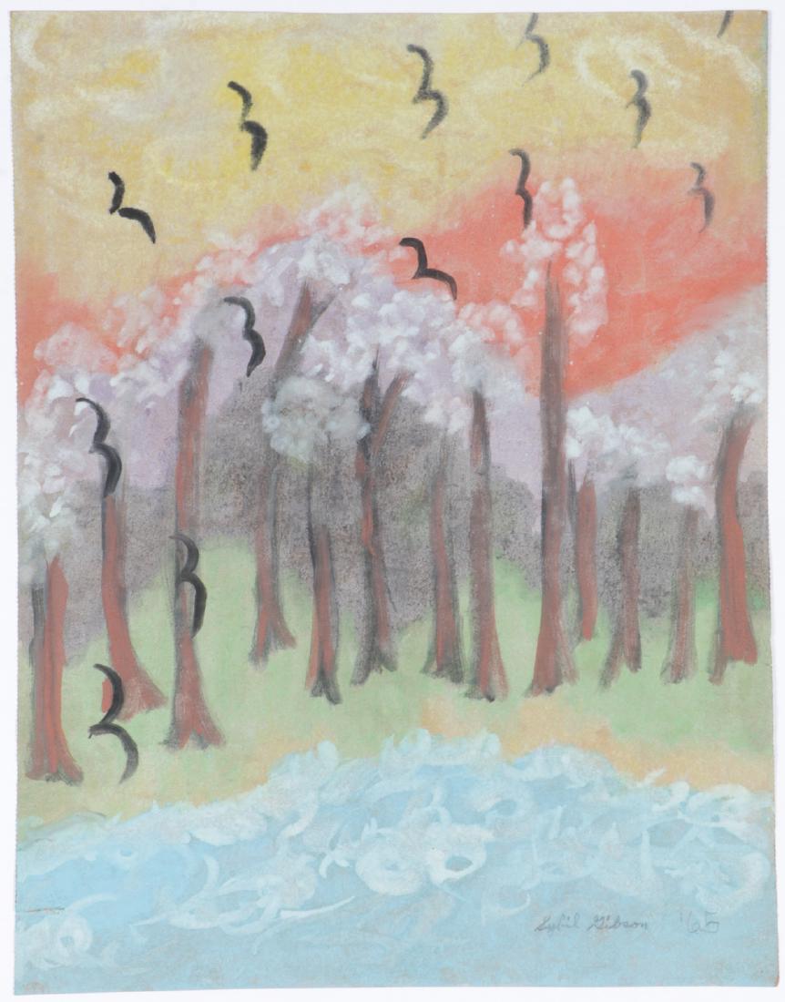 Sybil Gibson (1908-1995) "The Birds Suddenly Spring: Sybil Gibson (American, 1908-1995) "The Birds Suddenly Spring Up", 1965, Mixed Media Painting on paper, signed. Unframed. Size: 24.5'' x 19'', 62 x 48 cm (sheet).