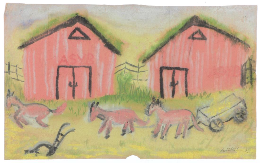 Sybil Gibson (1908-1995) Mixed Media, 1963, 13.25'' x: Sybil Gibson (American, 1908-1995) Farm Scene. Mixed Media Painting on paper, 1963, signed. Unframed. Size: 13.25'' x 21.5'', 34 x 55 cm (sheet).