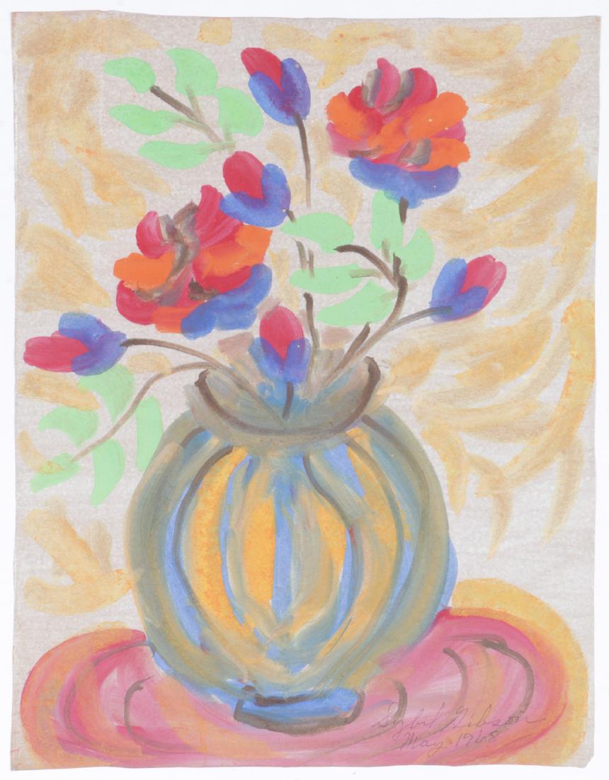 Sybil Gibson (1908-1995) "An Early Still Life", 1968,: Sybil Gibson (American, 1908-1995) "An Early Still Life", 1968, Mixed Media Painting on paper, signed. Unframed. Size: 18.25'' x 14.25'', 46 x 36 cm (sheet).