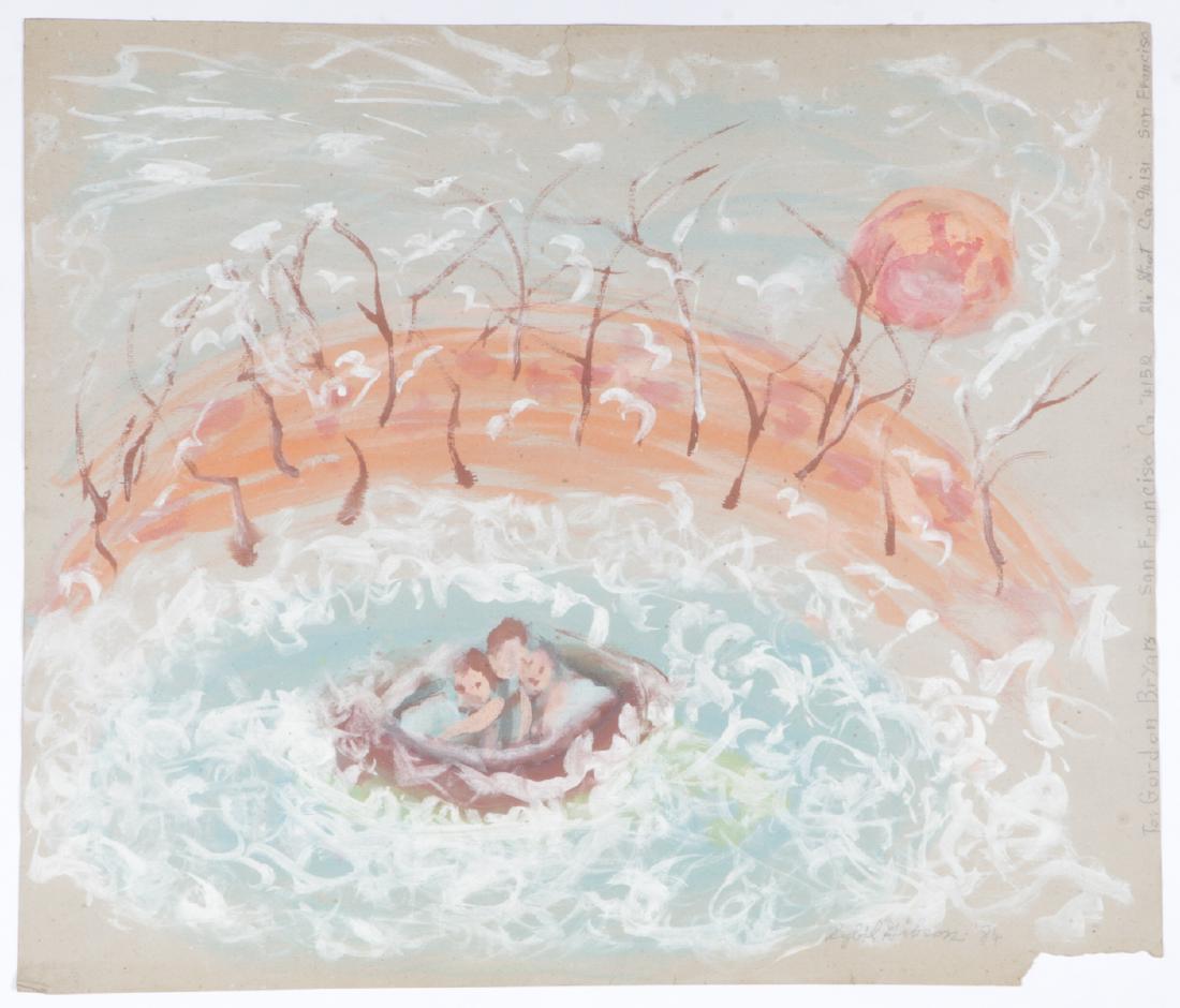 Sybil Gibson (1908-1995) "Survivors", 34'' x 40'': Sybil Gibson (American, 1908-1995) "Survivors", 1984, Mixed Media Painting on paper, signed. Unframed. Size: 34'' x 40'', 86 x 102 cm (sheet).