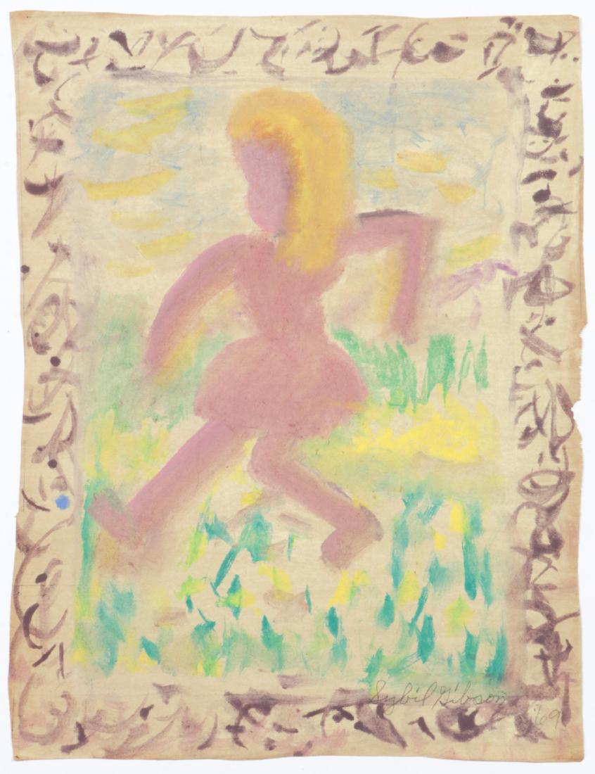 Sybil Gibson (1908-1995) "I was in a Hurry", 1969, 24'': Sybil Gibson (American, 1908-1995) "I was in a Hurry", 1969, Mixed Media Painting on paper, signed. Unframed. Size: 24'' x 18.5'', 61 x 47 cm (sheet).