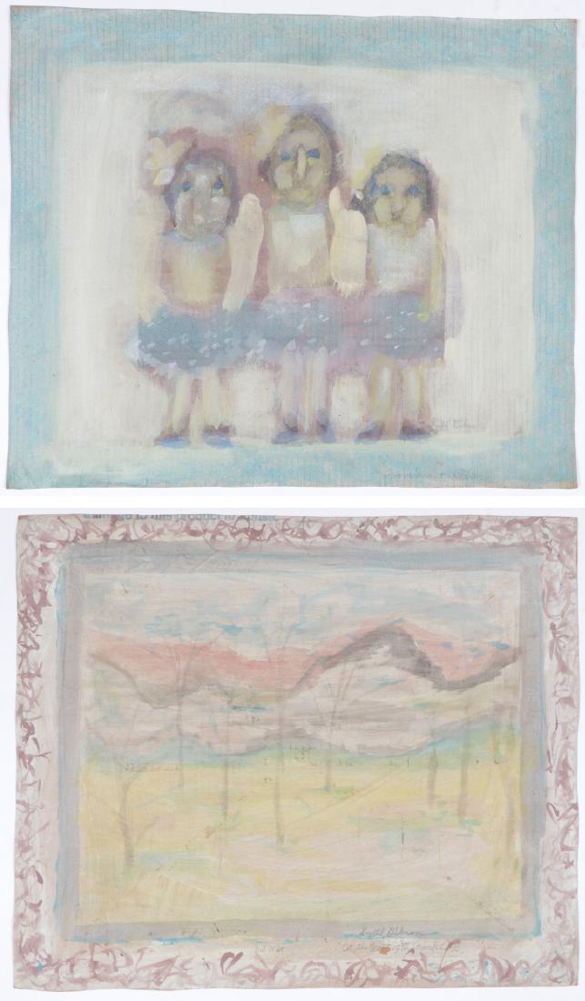 Sybil Gibson (1908-1995) Double-sided Work on Paper,: Sybil Gibson (American, 1908-1995) Double-sided Mixed Media Painting on paper: "Immigrant Children" and "Out West, At the Foot of the Rockies", signed. Unframed. Size: 22.25'' x 30'', 57 x 76 cm (shee